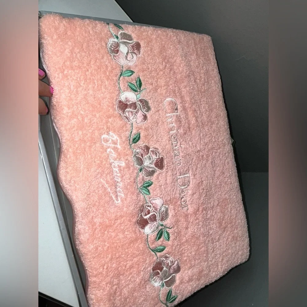 Christian Dior Peach Pink Floral Embroidered Bath Towel in Box